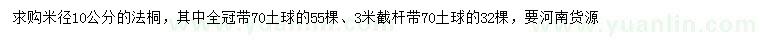 求購米徑10公分法桐