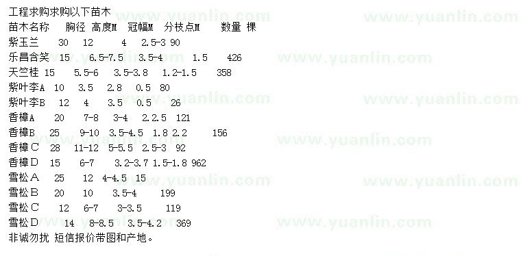 求購紫玉蘭、樂昌含笑、紫葉李等