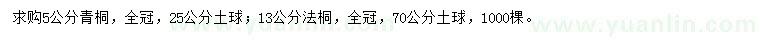 求購(gòu)5公分青桐、13公分法桐