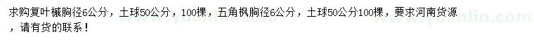 求購胸徑6公分復(fù)葉槭、五角楓