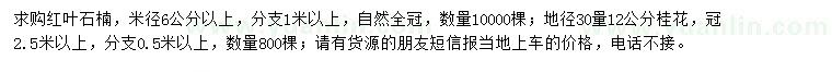 求購米徑6公分以上紅葉石楠、地徑30量12公分桂花