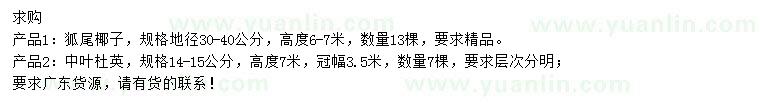求購地徑30-40公分狐尾椰子、14-15公分中葉杜英