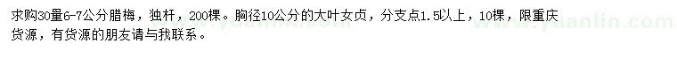 求購30量6-7公分臘梅、胸徑10公分大葉女貞