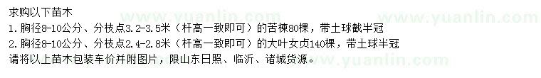 求購胸徑8-10公分苦楝、大葉女貞