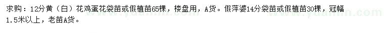 求購(gòu)12公分黃（白）花雞蛋花、14公分假萍婆