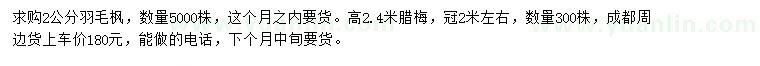 求購(gòu)2公分羽毛楓、高2.4米臘梅