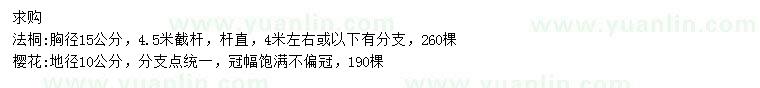 求購胸徑15公分法桐、地徑10公分櫻花