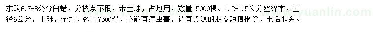 求購6.7-8公分白蠟、1.2-1.5公分絲綿木