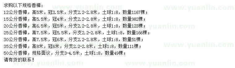 求購12、15、20、25、30、35、50公分香樟