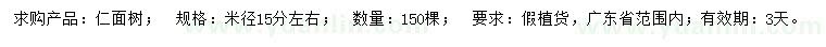 求購米徑15公分左右仁面樹
