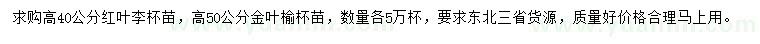 求購(gòu)高40公分紅葉李、高50公分金葉榆
