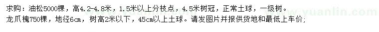 求購高4.2-4.8米油松、地徑6公分龍爪槐