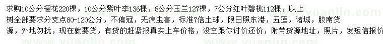 求購櫻花、紫葉李、玉蘭等