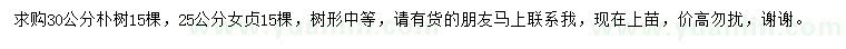 求購30公分樸樹、25公分女貞