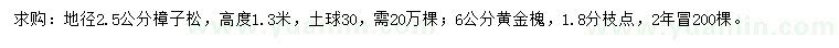 求購地徑2.5公分樟子松、6公分黃金槐