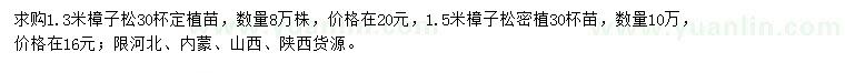 求購1.3、1.5米樟子松