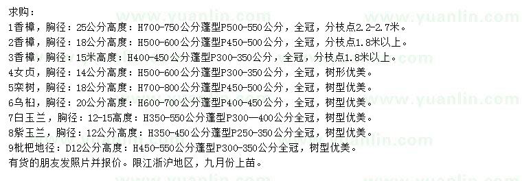 求購香樟、女貞、欒樹等