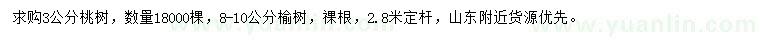 求購3公分桃樹、8-10公分榆樹