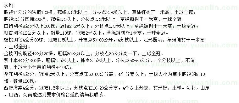 求購(gòu)法桐、國(guó)槐、白蠟等