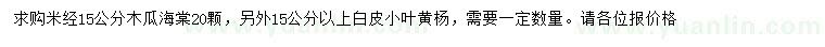 求購米徑15公分木瓜海棠、15公分以上白皮小葉黃楊