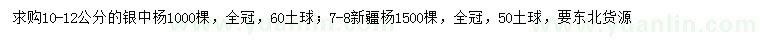 求購10-12公分銀中楊、7-8公分新疆楊