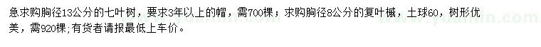求購胸徑13公分七葉樹、8公分復(fù)葉槭