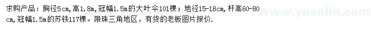 求購(gòu)胸徑5公分大葉傘、地徑15-18公分蘇鐵