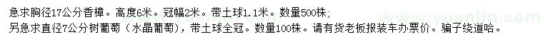 求購胸徑17公分香樟、直徑7公分樹葡萄