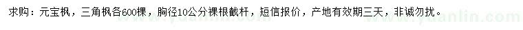 求購胸徑10公分元寶楓、三角楓
