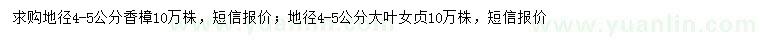 求購地徑4-5公分香樟、大葉女貞