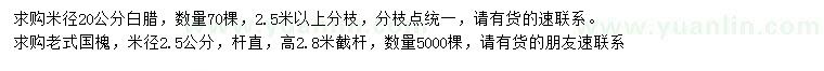 求購(gòu)米徑20公分白臘、2.5公分老式國(guó)槐
