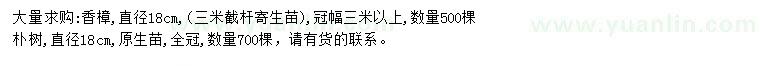 求購直徑18公分香樟、樸樹