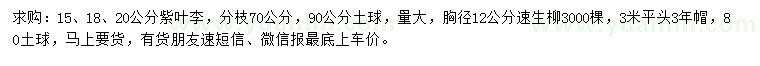 求購15、18、20公分紫葉李、胸徑12公分速生柳