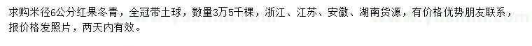 求購米徑6公分紅果冬青