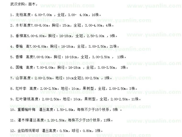 求購龍柏、水杉、垂柳等