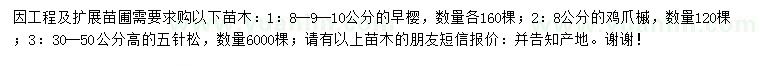 求購早櫻、雞爪槭、五針?biāo)? />
                        <br />
                        <label style=