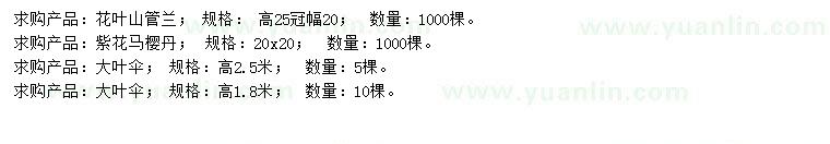 求購花葉山管蘭、紫花馬櫻丹、大葉傘