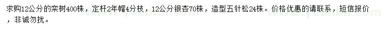 求購(gòu)欒樹(shù)、銀杏、造型五針?biāo)? />
                        <br />
                        <label style=