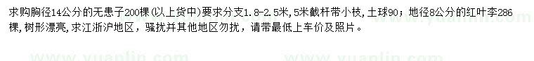 求購胸徑14公分無患籽、地徑8公分紅葉李