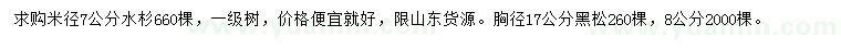 求購(gòu)米徑7公分水杉、胸徑8、17公分黑松