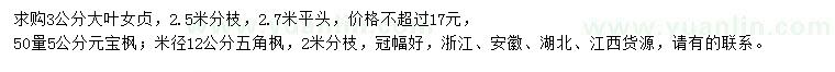 求購大葉女貞、元寶楓、五角楓