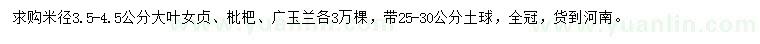求購大葉女貞、枇杷、廣玉蘭
