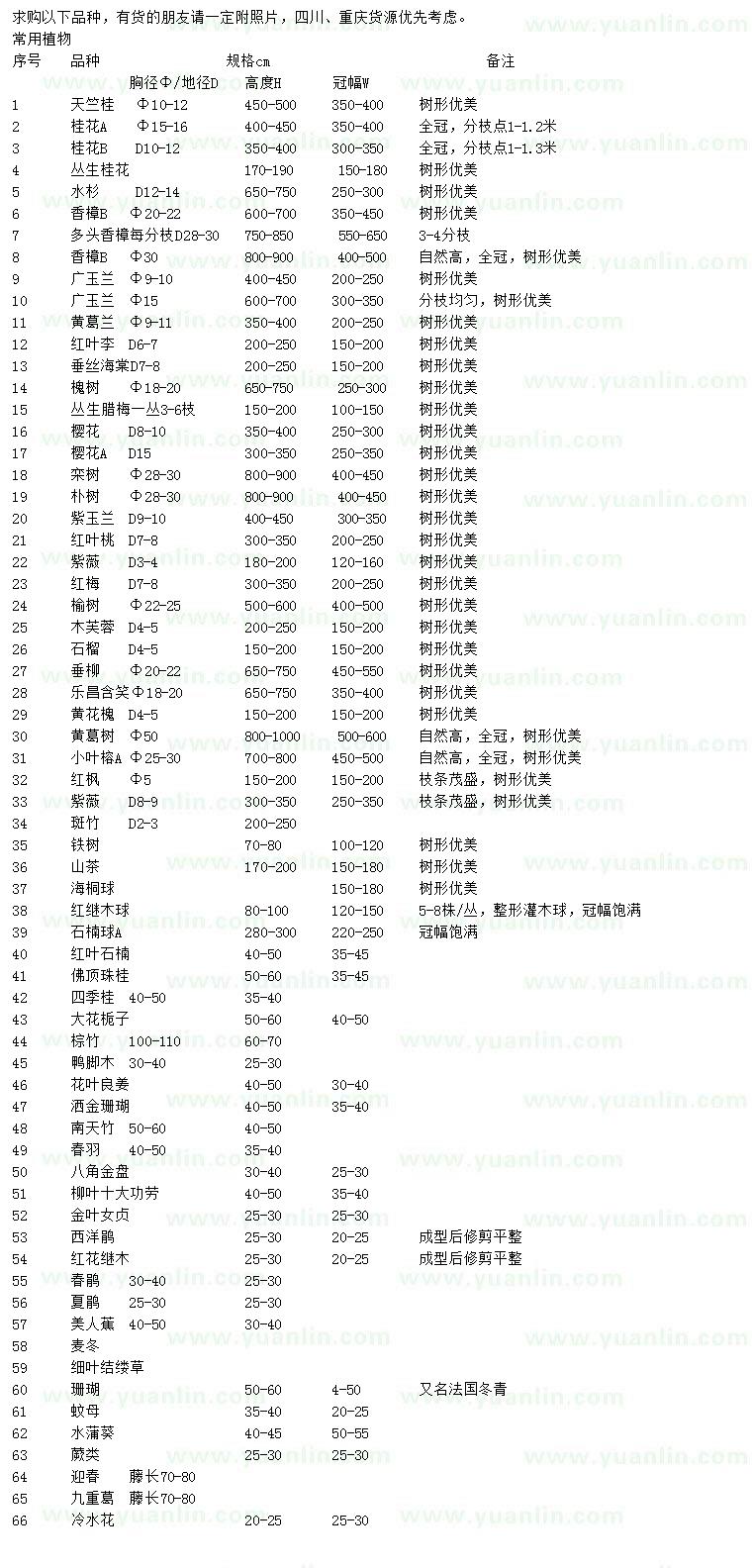 求購天竺桂、桂花、水杉等
