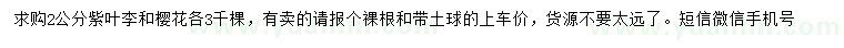 求購2公分紫葉李、櫻花