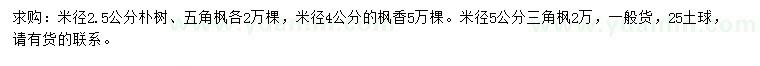 求購樸樹、五角楓、楓香等