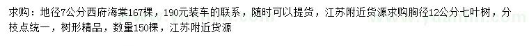 求購地徑7公分西府海棠、胸徑12公分七葉樹