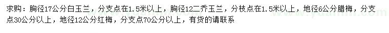 求購白玉蘭、二喬玉蘭、臘梅等