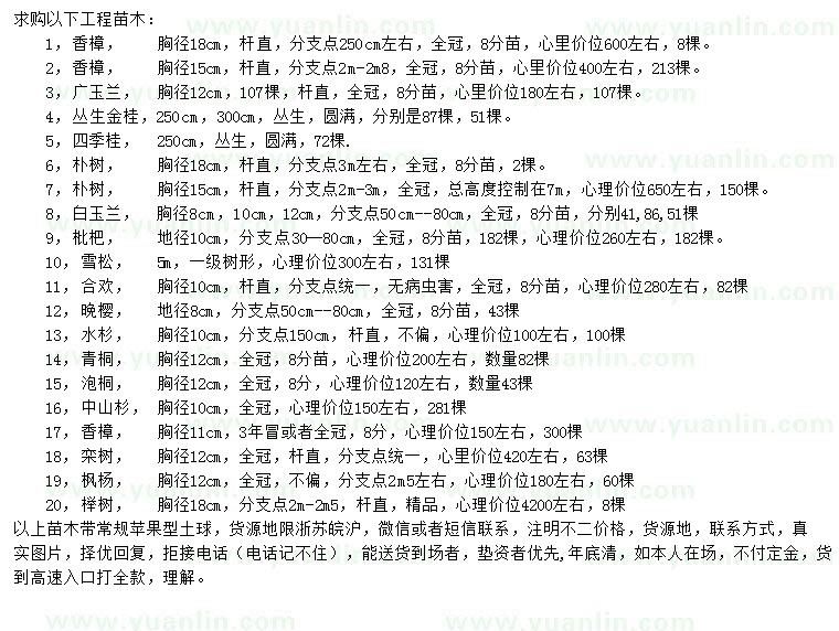 求購(gòu)香樟、廣玉蘭、叢生金桂等