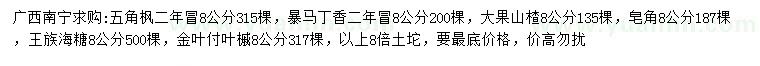 求購五角楓、暴馬丁香、大果山楂等