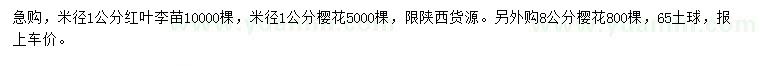 求購(gòu)米徑1公分紅葉李苗、櫻花、8公分櫻花